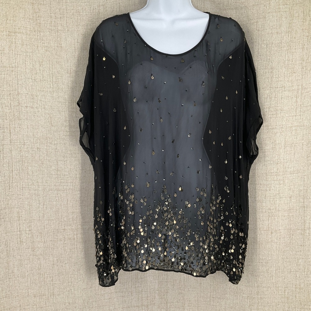 Eileen Fisher Poncho Top Women L Black 100% Silk Sequin Paillette Sheer Luxury